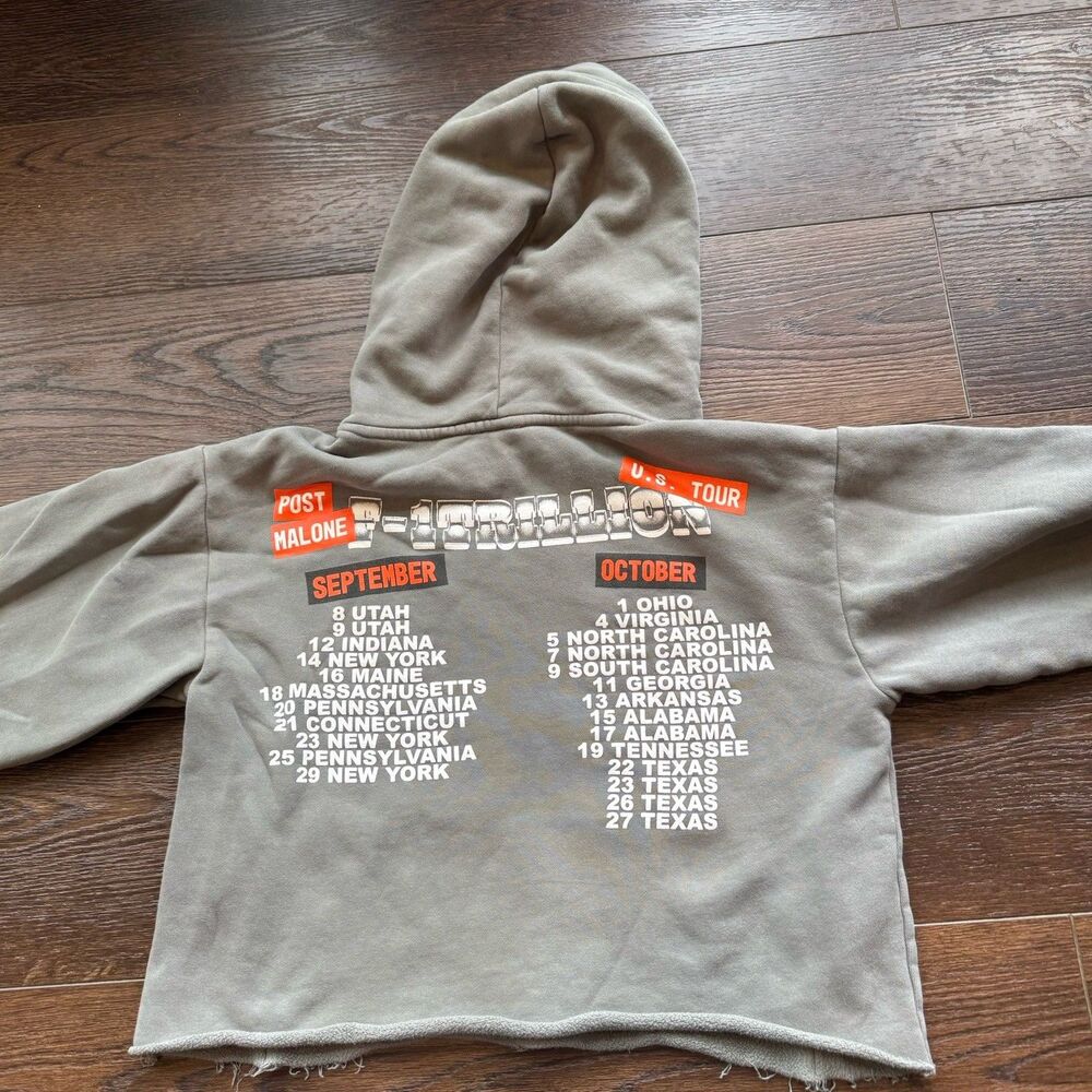 Post Malone F-1 Trillion U.S. Tour Hoodie Cropped Distressed Gray Size Small - Picture 7 of 9